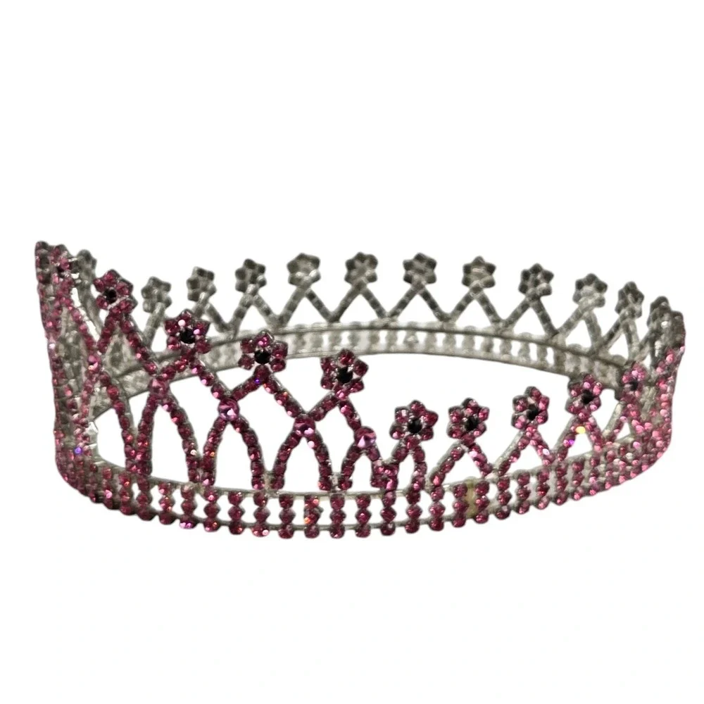 VTG Pink Black Rhinestone Crown Bridal Pageant Princess Cosplay 4 Prong Holders